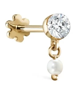 Budget 🌟 Maria Tash Yellow Gold Invisible Set Diamond and Pearl Dangle Threaded Stud Single Earring (3mm) Earrings 😍